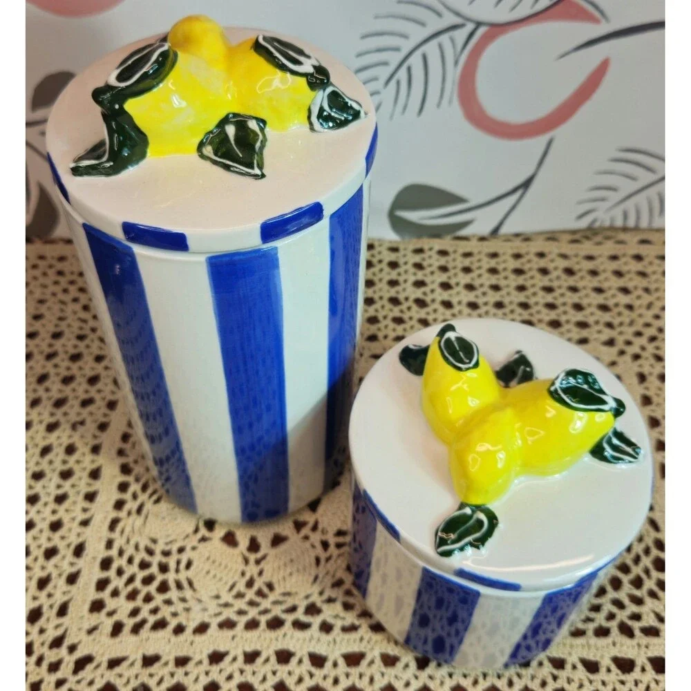 NWT Set of 2 Blue & White Striped Lemon Themed Canisters w/ Freshness Lids